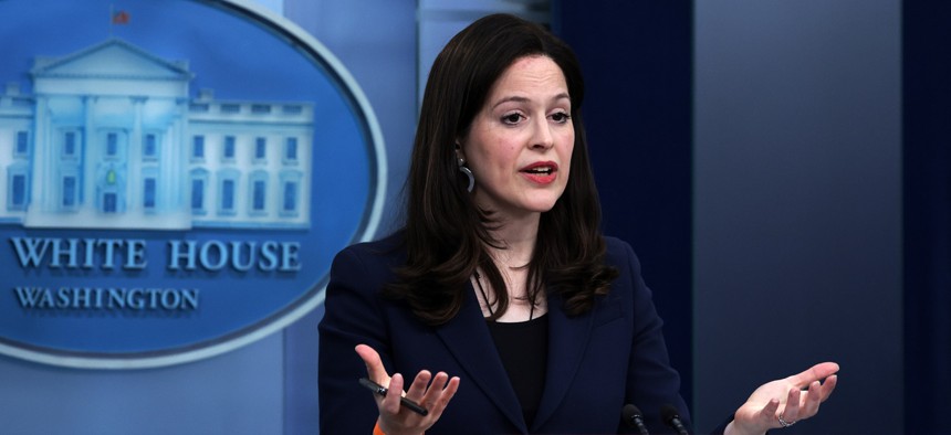 Then-Deputy National Security Advisor for Cyber and Emerging Technology Anne Neuberger speaks during a White House daily press briefing on March 21, 2022. Neuberger defended the Cyber Trust Mark program in the face of a June 19 report that the FCC was reviewing the program over China concerns.