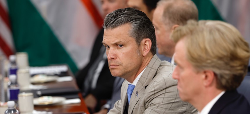 Defense Secretary Pete Hegseth delivers remarks during a meeting with Indian Minister of External Affairs Subrahmanyam Jaishankar at the Pentagon on July 1, 2025, in Arlington, Virginia.