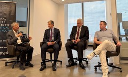(L-R) Former NSA Director Gen. Paul Nakasone, former FBI Director Christopher Wray, American Electric Power CEO and Director Bill Fehrman and Dragos CEO Robert M. Lee speak about critical infrastructure cybersecurity at the World Trade Center July 24.