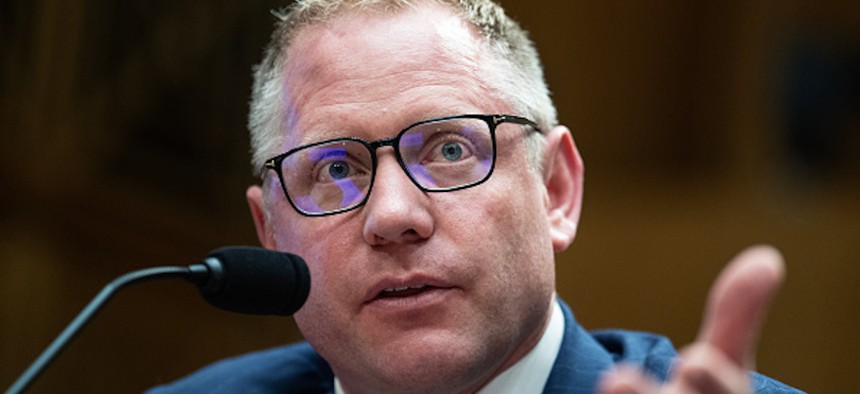 Sean Plankey, nominee to be director of the Cybersecurity and Infrastructure Security Agency, testifies during his Senate Homeland Security and Governmental Affairs Committee confirmation hearing in Dirksen building on Thursday, July 24, 2025.