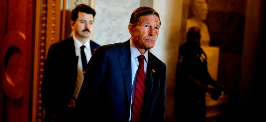 Sen. Richard Blumenthal (D-CT) walks off the Senate floor at the U.S. Capitol Building on June 30, 2025 in Washington, DC. Blumenthal sent letters to 20 inspectors general on July 31 calling for them to tally the full cost of DOGE.