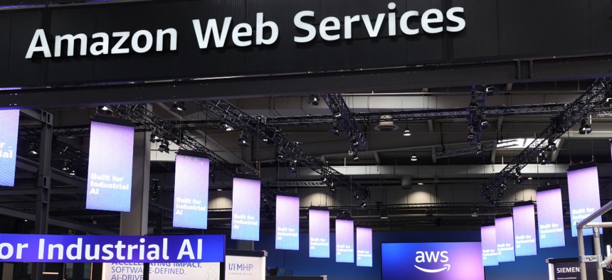 Amazon Web Services pavilion stands at the 2025 Hannover Messe industrial trade fair on March 31, 2025 in Hanover, Germany. 