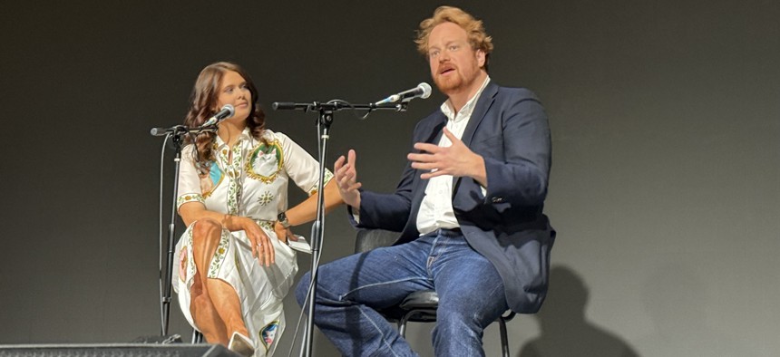 Trump NSC senior director for cyber Alexei Bulazel speaks in a fireside chat at DEF CON in Las Vegas.