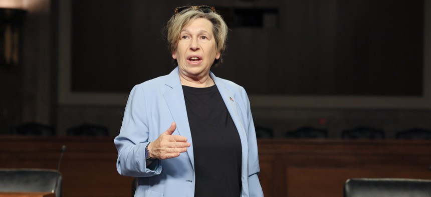 President of American Federation of Teachers Randi Weingarten speaks to members of MomsRising during a day of action on Capitol Hill on June 25, 2025 in Washington, DC. Weingarten said at an Aug. 11 AI4 conference in Las Vegas, Nevada that her union was turning to states and industry for AI regulation.