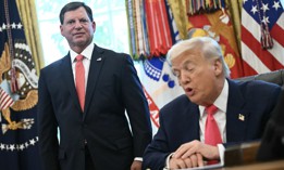 Social Security Commissioner Frank Bisignano looks on as President Donald Trump speaks prior to signing a presidential proclamation honoring the 90th anniversary of the Social Security Act in the Oval Office on Aug. 14, 2025.