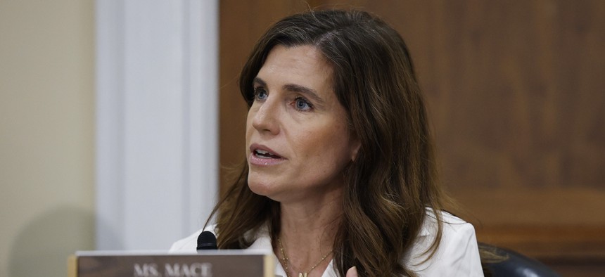 Rep. Nancy Mace (R-SC) speaks as the House Committee on Oversight and Government Reform Subcommittee on Federal Law Enforcement meets in the Rayburn House Office Building on July 23, 2025 in Washington, DC. Mace joined Rep. Shontel Brown, D-Ohio, introducing legislation Aug. 19 to remove education requirements for federal cyber hiring.