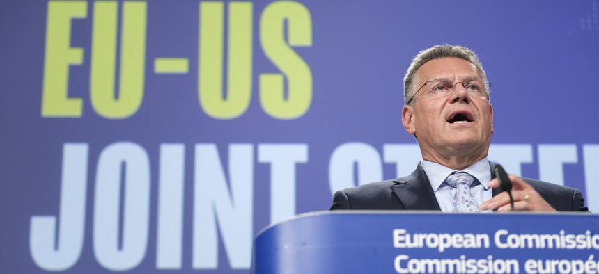 European Commissioner for Trade and Economic Security, and for Interinstitutional Relations and Transparency, Maros Sefcovic talks to media on the EU-US trade agreement in the Berlaymont, the EU Commission headquarter, on August 21, 2025 in Brussels, Belgium.