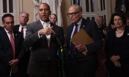 House Minority Leader Hakeem Jeffries, D-N.Y., and Senate Minority Leader Chuck Schumer, D-N.Y., speak to the press on Capitol Hill in Washington, DC, on Sept. 11, 2025. 