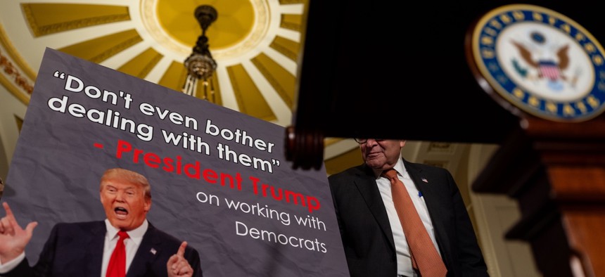 Senate Minority Leader Chuck Schumer, D-N.Y., speaks to the media following a Senate policy luncheon at the U.S. Capitol on Sept. 16, 2025. Congress is edging toward a shutdown as Republicans push a short-term 