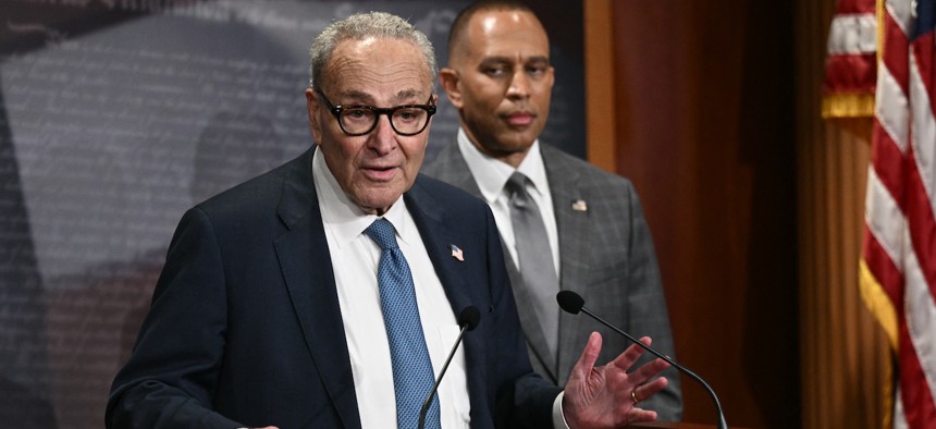 Senate Minority Leader Chuck Schumer, D-N.Y., speaks to reporters as House Minority Leader Hakeem Jeffries, D-N.Y., looks on at the U.S. Capitol on Sept. 29, 2025, after meeting with Republican Leadership and President Donald Trump about a potential government shutdown. Vice President JD Vance said that the federal government was 