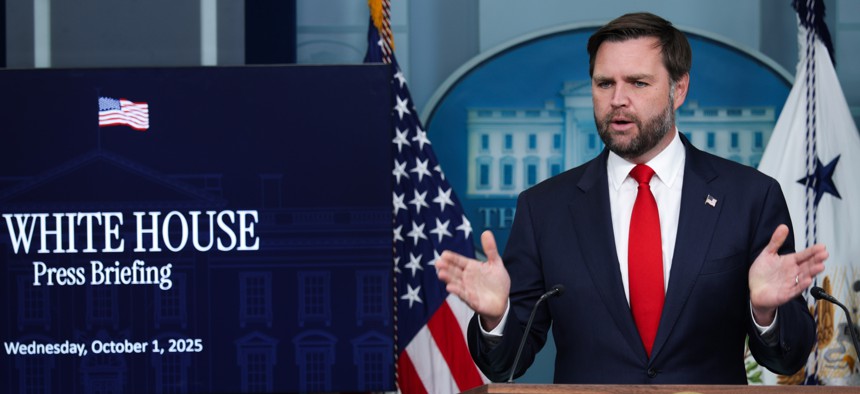 Vice President JD Vance speaks during the daily press briefing in the Brady Press Briefing Room at the White House on Oct. 1, 2025. Vance joined White House Press Secretary Karoline Leavitt to discuss the federal government shutdown.