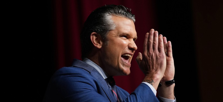 Defense Secretary Pete Hegseth speaks to senior military leaders on Sept. 30, 2025, in Quantico, Virginia. During his speech, he said that the inspector general process "has been weaponized." 