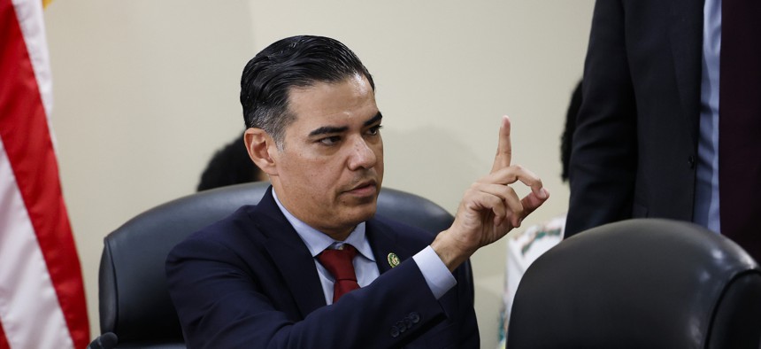 Rep. Robert Garcia, D-Calif., on July 23 during a House Oversight and Government Reform subcommittee meeting. Garcia wrote in a letter Thursday that Hatch Act violators "must be held accountable."