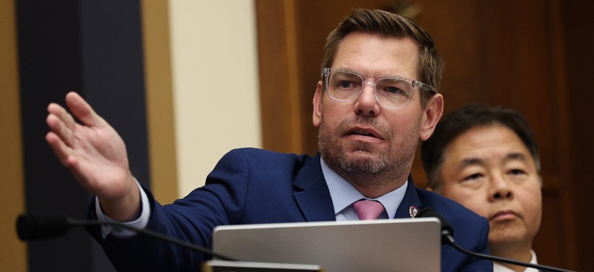 Rep. Eric Swalwell (D-CA) speaks during a House Judiciary Committee hearing with Federal Bureau of Investigation Director Kash Patel in the Rayburn House Office Building on September 17, 2025 in Washington, DC.