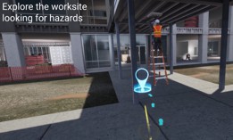 A screenshot of the USACE Safety Trainer 360 shows the first-person perspective of a user navigating the simulated construction site. 