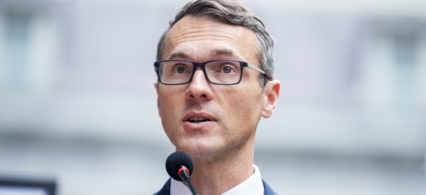 Rep. James Walkinshaw, D-Va., speaks during a news conference with Maryland and Virginia Congressional Democrats to speak out against the Trump Administration's 
