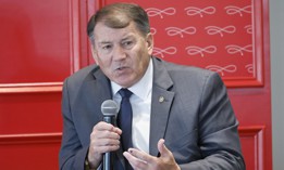 Sen. Mike Rounds, R-S.D., speaks onstage at Puck Power Breakfast at Riggs Washington D.C. on October 23, 2025.