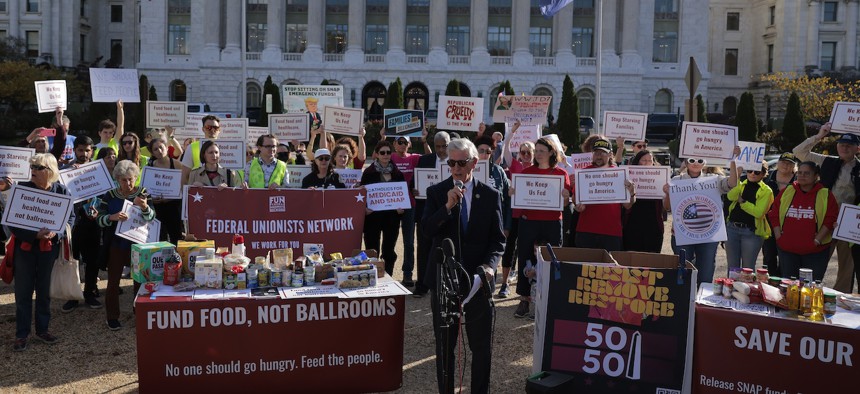  Rep. Don Beyer, D-Va., speaks during a rally with faith leaders, food bank workers, and furloughed federal employees in front of the Agriculture Department on the National Mall in Washington, D.C., during the 30th day of the federal government shutdown on October 30, 2025.