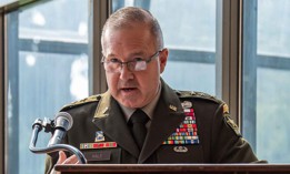 Lt. Gen. Anthony R. Hale, the Army deputy chief of staff for intelligence, delivers remarks during Brig. Gen. Sean P. Stinchon's promotion ceremony at Club Meade, Fort Meade, Maryland, July 9, 2025.