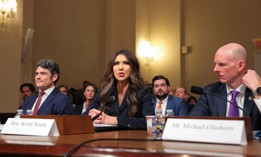 (L-R) Director of the National Counterterrorism Center Joseph Kent, U.S. Secretary of Homeland Security Kristi Noem, and Operations Director of the National Security Branch at the Federal Bureau of Investigation Michael Glasheen testify before the House Committee on Homeland Security in the Cannon House Office Building on December 11, 2025 in Washington, DC. 
