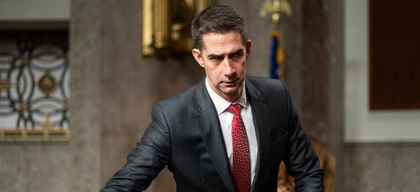 Sen. Tom Cotton, R-Ark., arrives for the Senate Armed Services Committee hearing in the Dirksen Senate Office Building on Thursday, December 11, 2025.