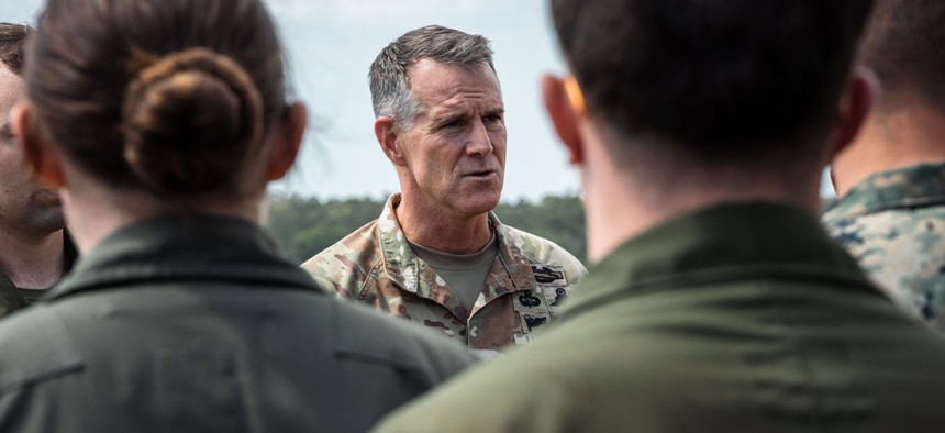 U.S. Army Lt. Gen. Joshua M. Rudd, center, the Deputy Commander of U.S. Indo-Pacific Command, talks to U.S. Marines at Royal Australian Air Force Base, Darwin, Australia, July 29, 2025. Rudd has been officially nominated to serve as the head of the NSA and Cyber Command.