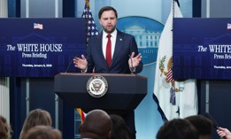 Vice President JD Vance speaks during a White House news briefing on January 08, 2026. Vance joined White House Press Secretary Karoline Leavitt to address several topics including the welfare fraud scandal in Minnesota and yesterday's fatal shooting of a woman by an ICE agent during a confrontation in Minneapolis.