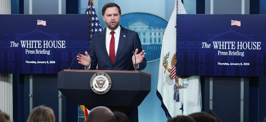 Vice President JD Vance speaks during a White House news briefing on January 08, 2026. Vance joined White House Press Secretary Karoline Leavitt to address several topics including the welfare fraud scandal in Minnesota and yesterday's fatal shooting of a woman by an ICE agent during a confrontation in Minneapolis.