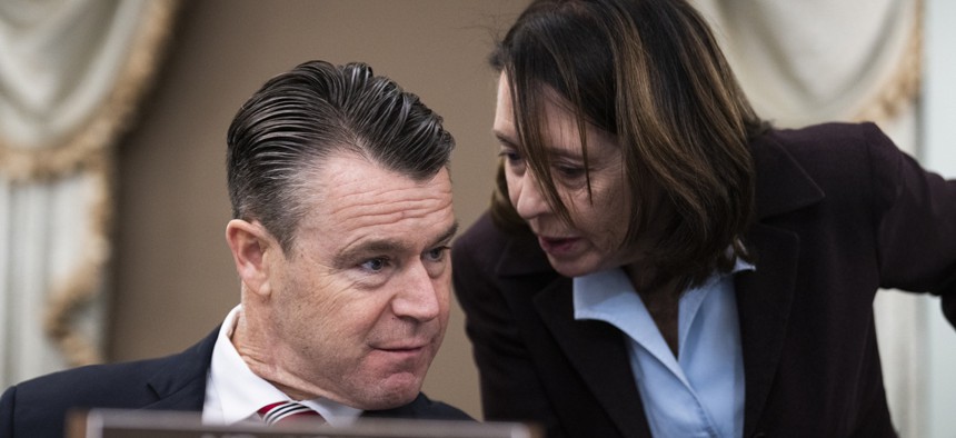 Sen. Maria Cantwell, D-Wash., and Sen. Todd Young, R-Ind., attend the Senate Commerce, Science and Transportation Committee hearing on Thursday, February 9, 2023.