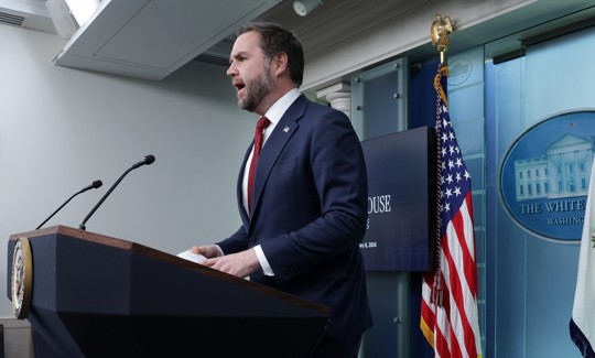 Vice President JD Vance speaks during a news briefing in the James S. Brady Press Briefing Room of the White House on January 08, 2026  to address several topics including the welfare fraud scandal in Minnesota.