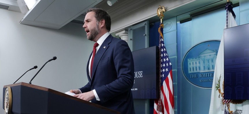 Vice President JD Vance speaks during a news briefing in the James S. Brady Press Briefing Room of the White House on January 08, 2026  to address several topics including the welfare fraud scandal in Minnesota.