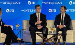 (L-R) Courtney Lang, ITI VP of Policy, Nick Andersen, EAD for Cybersecurity at CISA, and Drew Bagley, chief privacy officer CrowdStrike, speak onstage during a Feb. 3 Information Technology Industry Council summit.