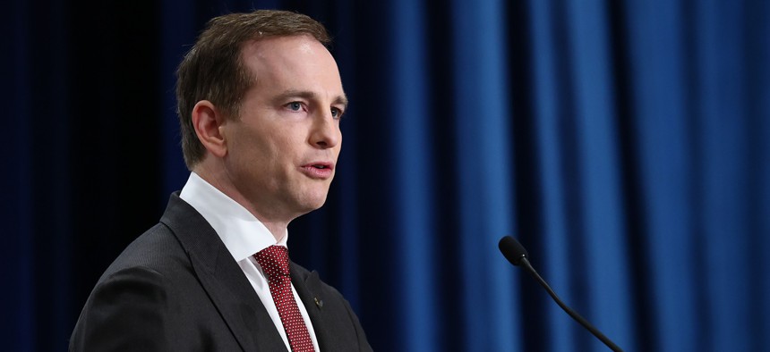 U.S. Chief Design Officer Joe Gebbia speaks during an event to "Celebrate the Implementation of the Dietary Guidelines for Americans" at the Health and Human Services Headquarters on February 11, 2026 in Washington, DC.