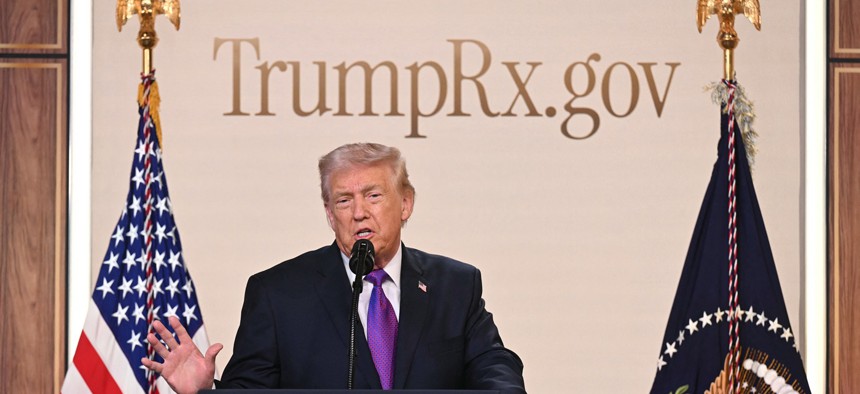 President Donald Trump speaks to introduce the new TrumpRx website in the South Court Auditorium of the White House in Washington, DC, on February 5, 2026.