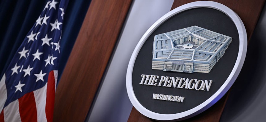 Pentagon logo is seen ahead of a press conference at the Pentagon in Washington D.C., United States on August 20, 2024.
