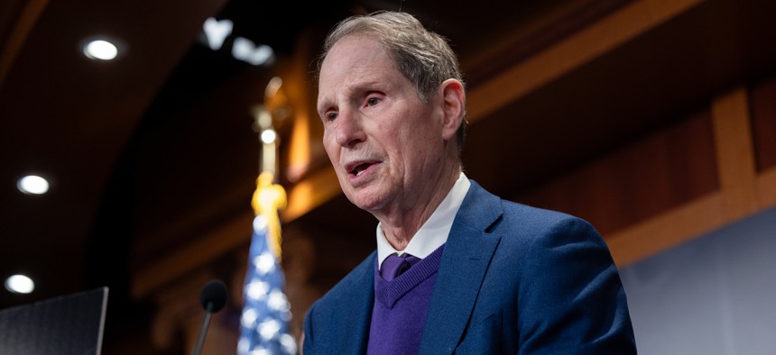 Senator Ron Wyden (D-OR) speaks at a press conference with other Senate Democrats on December 16, 2025.