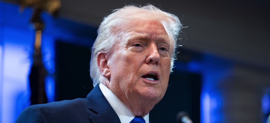 U.S. President Donald Trump answers questions during a press briefing held at the White House February 20, 2026, in Washington, DC. 