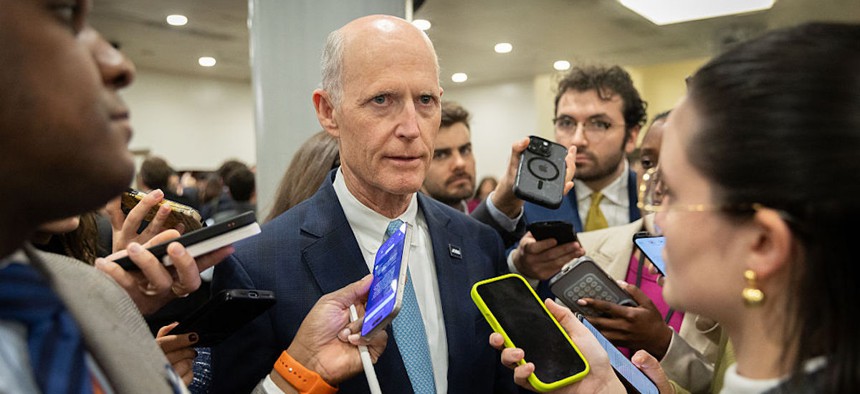 Sen. Rick Scott, R-Fla., speaks to reporters following a briefing by Trump administration officials to members of the Senate on U.S. strikes on Iran on March 3, 2026. Scott placed a hold on Sean Plankey’s nomination to lead CISA last year over concerns about his ties to shipbuilding work.