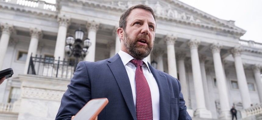 Sen. Markwayne Mullin, R-Okla., talks with reporter outside the U.S. Capitol after President Donald Trump selected him to be Department of Homeland Security secretary to replace Kristi Noem on Thursday, March 5, 2026.