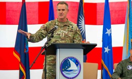 Lt. Gen. Joshua M. Rudd, then-deputy commander of U.S. Indo-Pacific Command, speaks during a change of command ceremony at Marine Corps Base Camp Blaz Fitness Center, May 15, 2025. The Senate confirmed Rudd to lead Cyber Command and the NSA March 10.