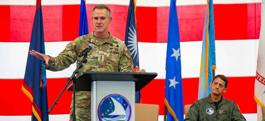Lt. Gen. Joshua M. Rudd, then-deputy commander of U.S. Indo-Pacific Command, speaks during a change of command ceremony at Marine Corps Base Camp Blaz Fitness Center, May 15, 2025. The Senate confirmed Rudd to lead Cyber Command and the NSA March 10.