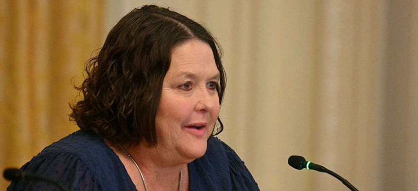 Acting administrator of DOGE (Department of Government Efficiency) Amy Gleason participates in an event on "Making Health Technology Great Again," in the East Room of the White House in Washington, DC on July 30, 2025.
