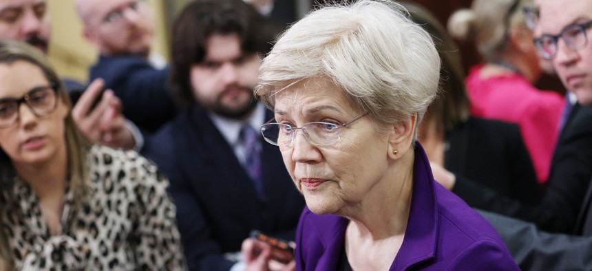  Sen. Elizabeth Warren (D-MA) speaks to reporters after attending a closed door briefing with Senate Armed Service Committee at the U.S. Capitol Building on March 10, 2026.