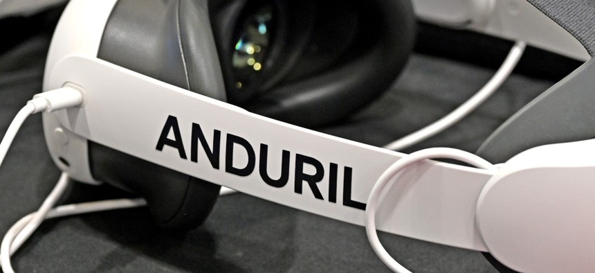Anduril-made virtual reality goggles on display at the Defense Security Equipment International on Sept. 10, 2025 in London.