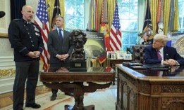 WASHINGTON, DC - MAY 20: Space Force General Michael Guetlein, speaks alongside Rep. Jim Banks (R-IN) and U.S. President Donald Trump in the Oval Office at the White House on May 20, 2025.