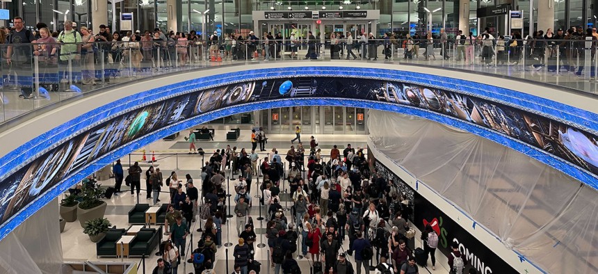 The estimated waits time for standard security screening was four hours at George Bush Intercontinental Airport before 6:30 a.m. on March 26, 2025. 