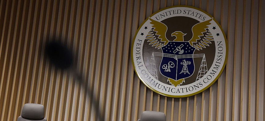 The seal for the Federal Communications Commission (FCC) is seen in the Commission's briefing room during a meeting at FCC headquarters on February 18, 2026 in Washington, DC.