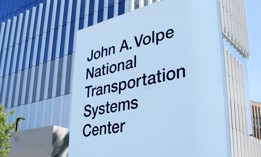 Signage outside the Volpe Center in Cambridge, Massachusetts. 