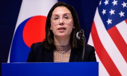 Sasha Baker, then-US Acting Under Secretary of Defense for Policy speaks during a press conference in Seoul on September 15, 2023. 