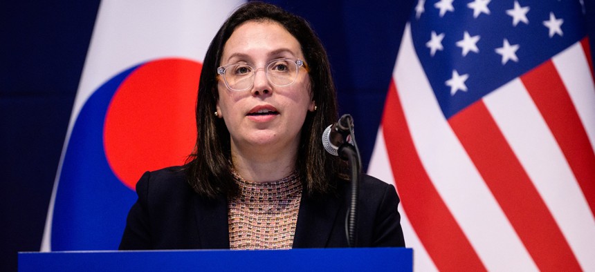 Sasha Baker, then-US Acting Under Secretary of Defense for Policy speaks during a press conference in Seoul on September 15, 2023. 